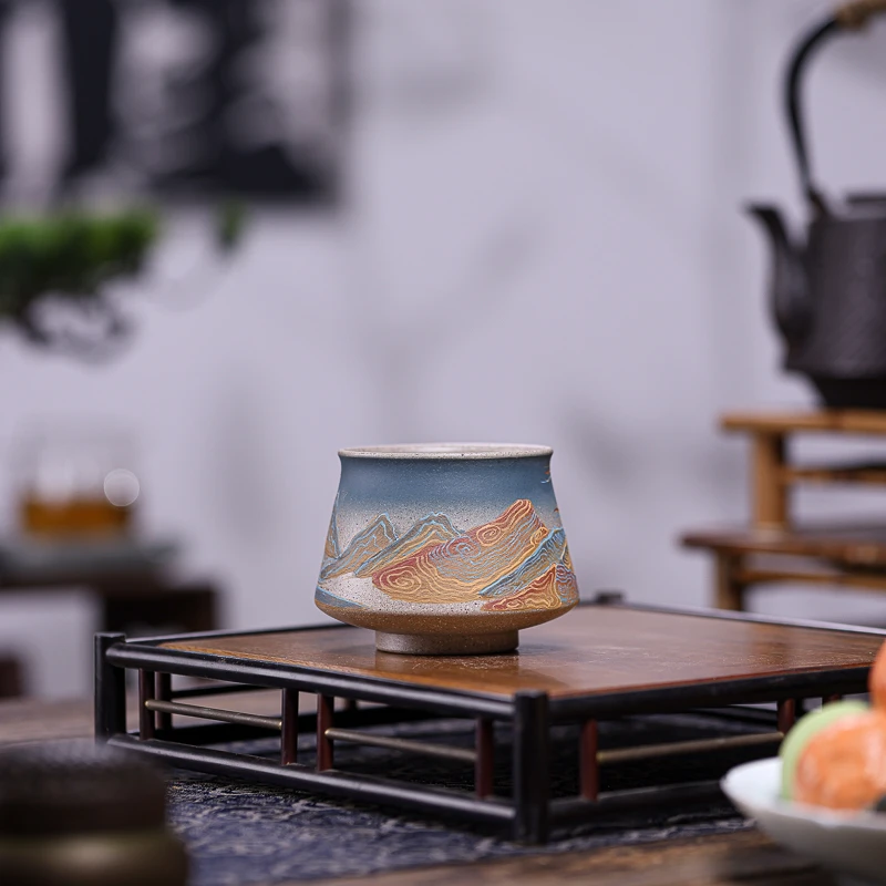 手工杯 | 宜兴紫砂杯 九斋（丹霞地貌）粉浆手工主人杯