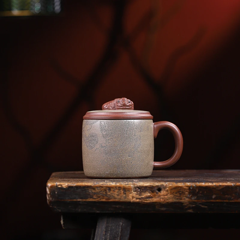 九斋紫砂盖杯办公杯《麒麟》茶杯大容量全手工