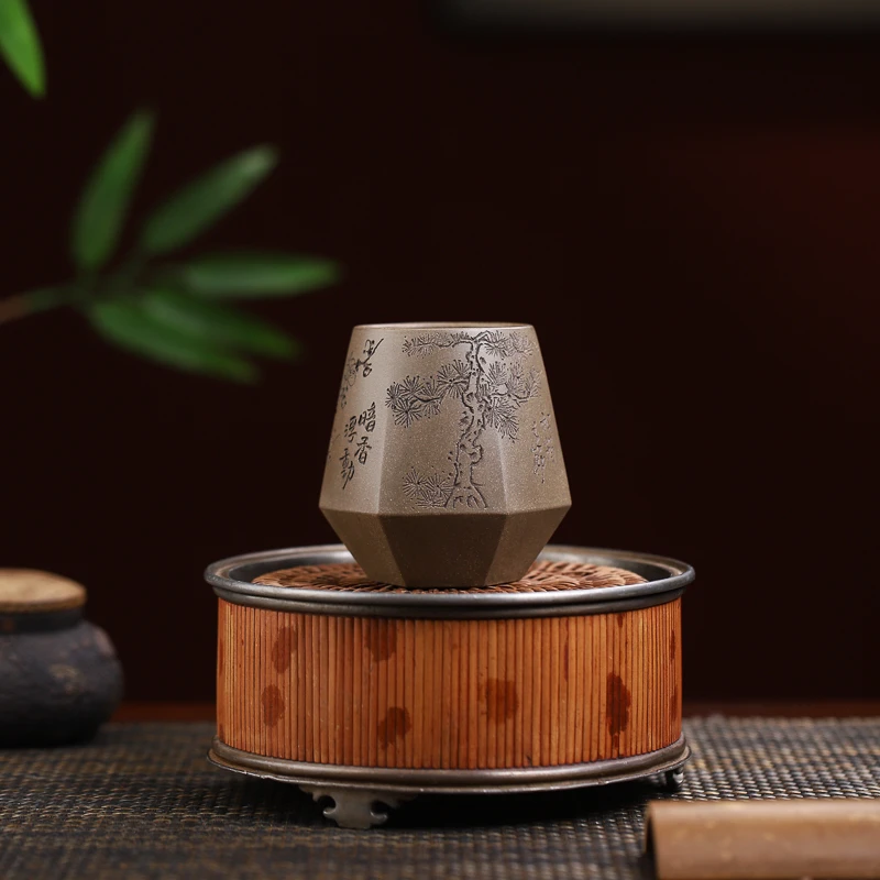 宜兴原矿紫砂茶具  潘国芳《岁寒三友》复古全手工不倒主人杯