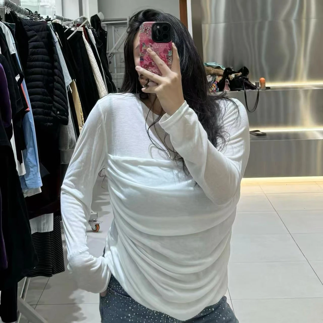 《年底清仓福利》拼接褶皱打底大码女装冬季显瘦百搭圆领长袖内搭