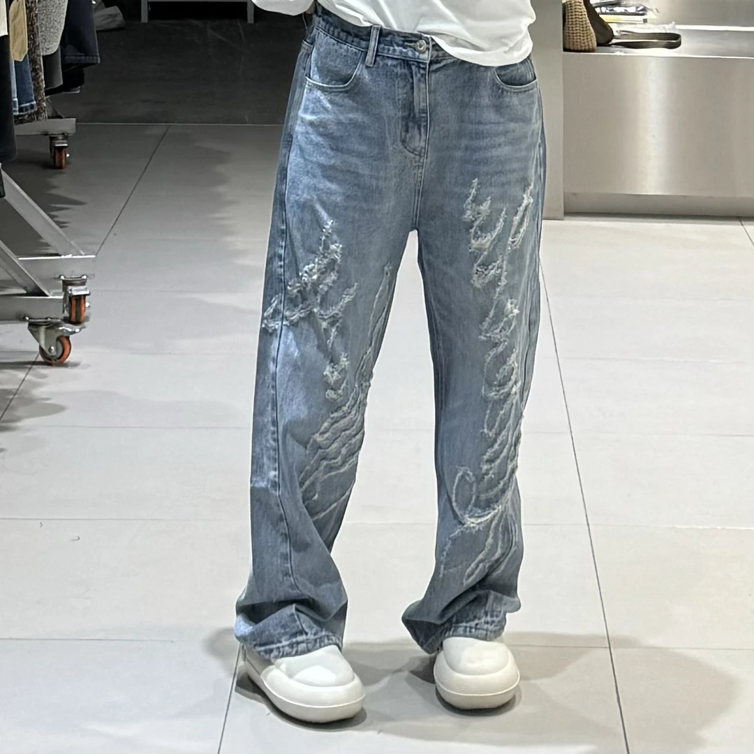 《大韩韩推荐》aw牛仔裤大码女装秋冬做旧徽标显瘦水洗百搭阔腿裤