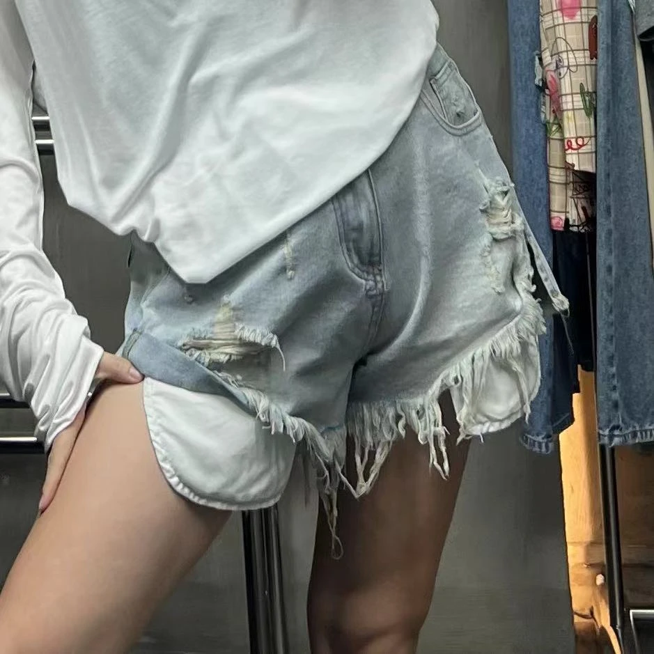 《年底清仓福利》毛边破洞牛仔短裤大码女装夏季显瘦直筒百搭水洗