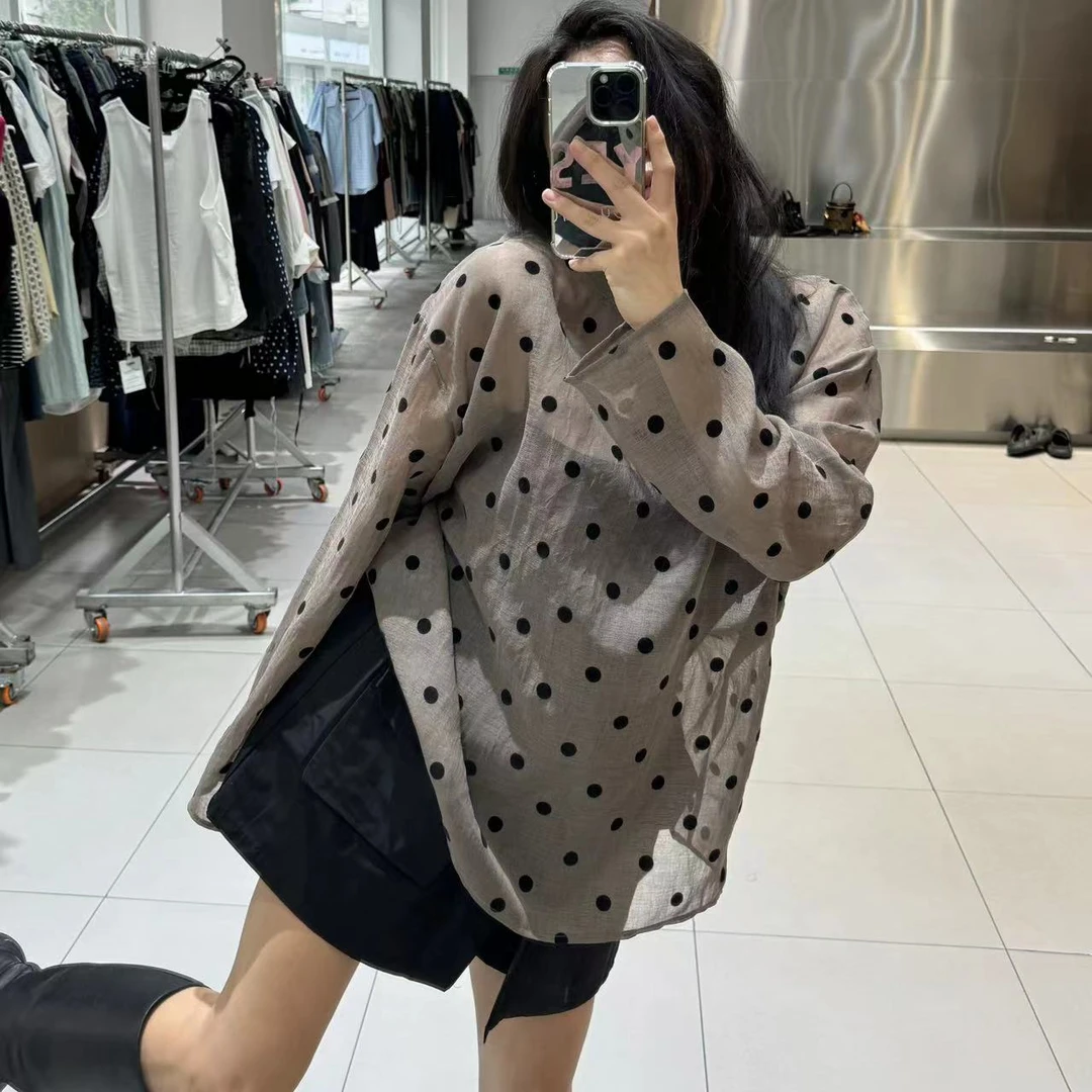 《年底清仓福利》两色波点罩衫大码女装夏季显瘦薄款百搭长袖外穿