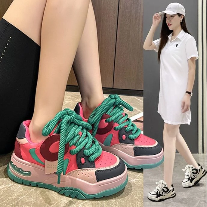 多巴胺彩色板鞋女秋潮牌面包鞋气垫运动休闲鞋厚底老爹鞋网红百搭