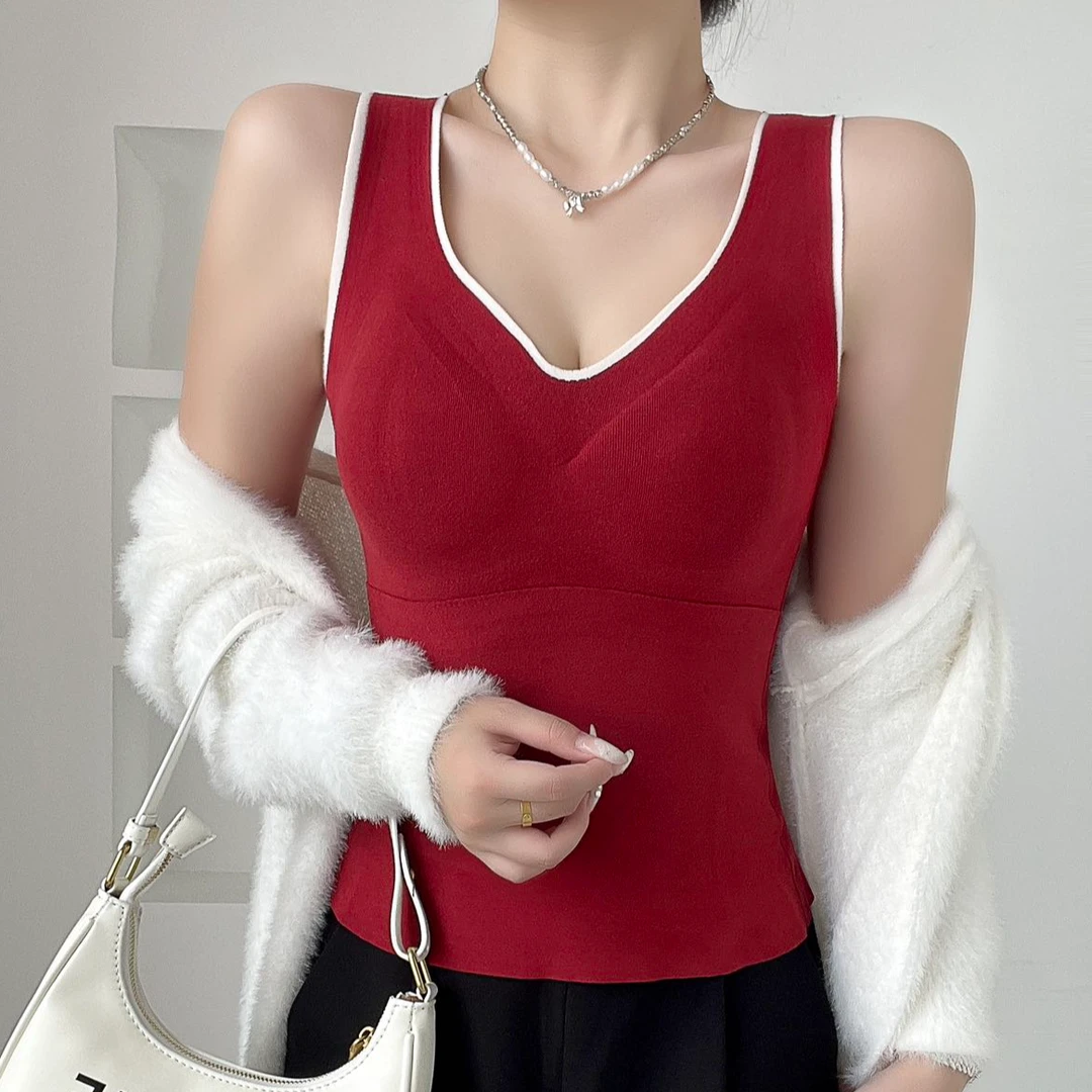 运补6-8 女士秋冬季加绒吊带背心保暖内搭带胸垫打底舒适修身美背