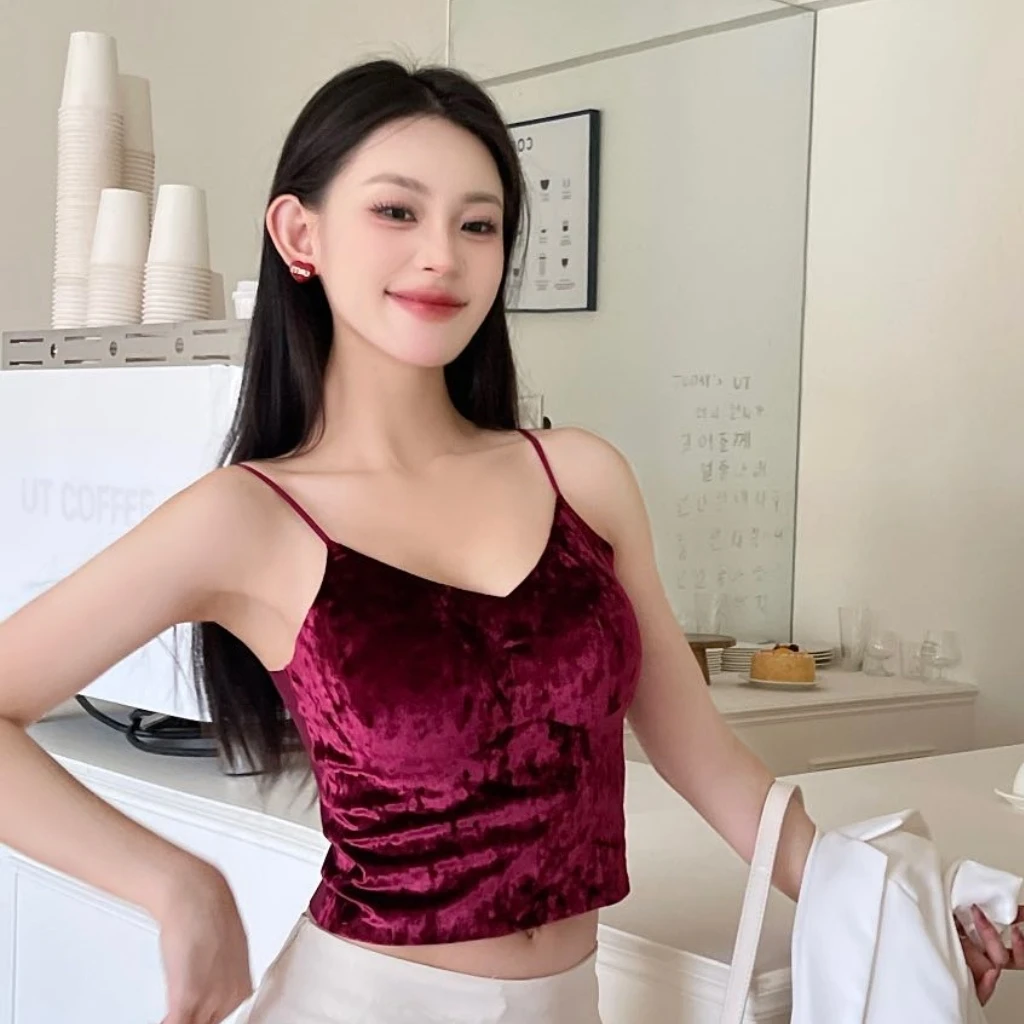 【运补6-8】吊带背心女秋冬带胸垫加绒保暖发热打底金丝绒背心上衣
