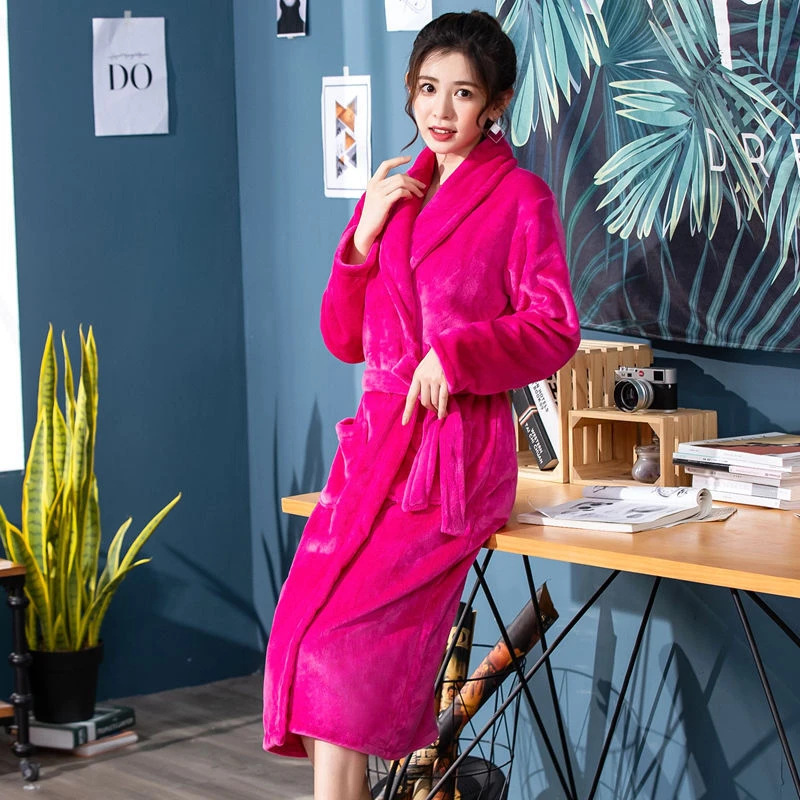 睡衣家居服女秋冬加厚法兰绒大码长款浴服可穿晨袍珊瑚绒浴袍睡袍