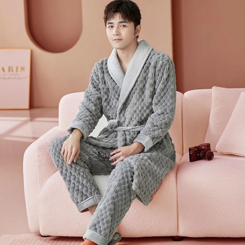加厚款男士睡衣睡袍秋冬季法兰绒睡裤保暖珊瑚绒浴袍可外穿家居服