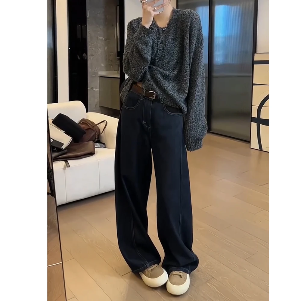 窄版阔腿牛仔裤早秋爆款女宽松大码微胖梨形身材腿粗显瘦拖地长裤