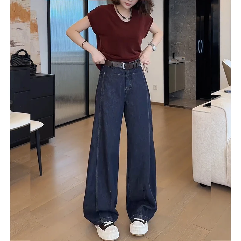 弯刀牛仔裤窄版阔腿裤女款爆款2025新款大码微胖显瘦直筒长裤