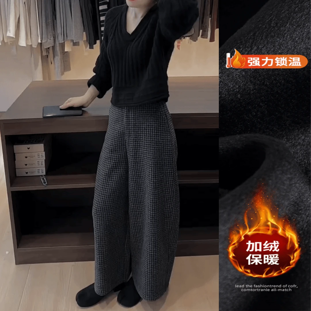 韩系百搭毛呢格子裤2025新款气质高腰显瘦九分阔腿裤小个子