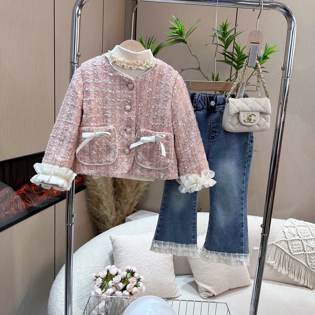 芭萌贝贝女童2024新款小香风春秋甜美公主粉色套装