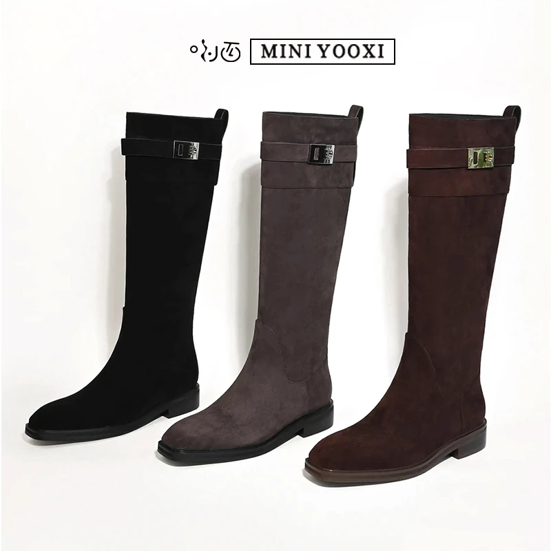 新款复古绒面方头厚底骑士靴女直筒休闲百搭金属扣长筒靴