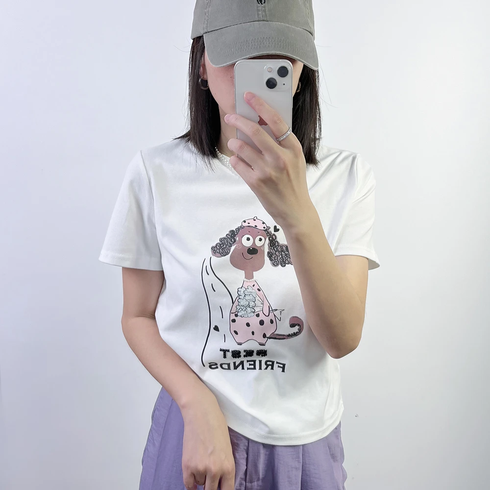 蔻承 时尚休闲百搭夏季宽松印花圆领卷发小狗T恤