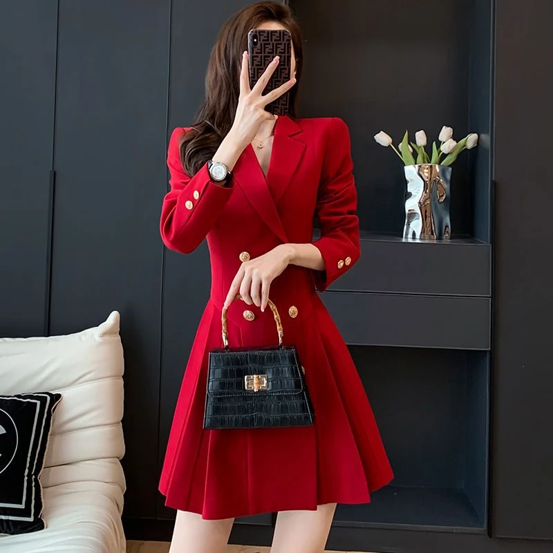 职己红色西装洋装冬季2022新款高腰双排扣气质女神范通勤职业裙子