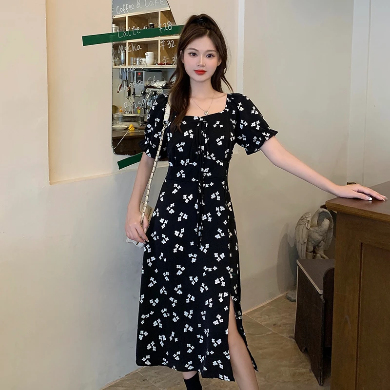 TJ12246大码女显瘦气质法式夏季洋气收腰开叉减龄方领连衣裙