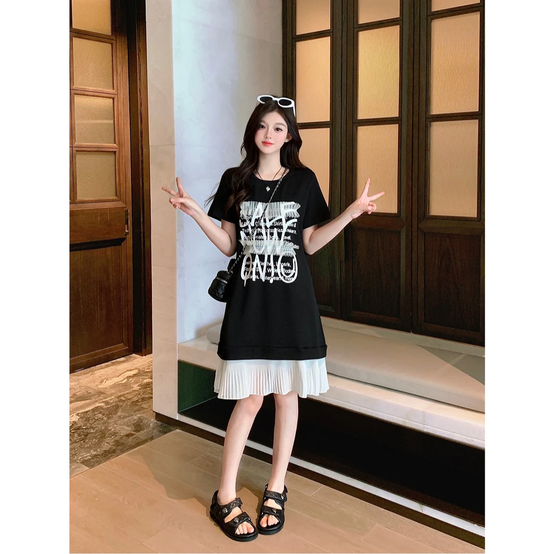 TJ031大码2025女款夏季洋气宽松连衣裙新款休闲时尚气质拼接裙子