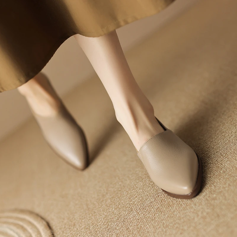 羊皮中跟女士复古鞋真皮粗跟尖头小皮鞋一脚蹬女鞋2024年新款夏季