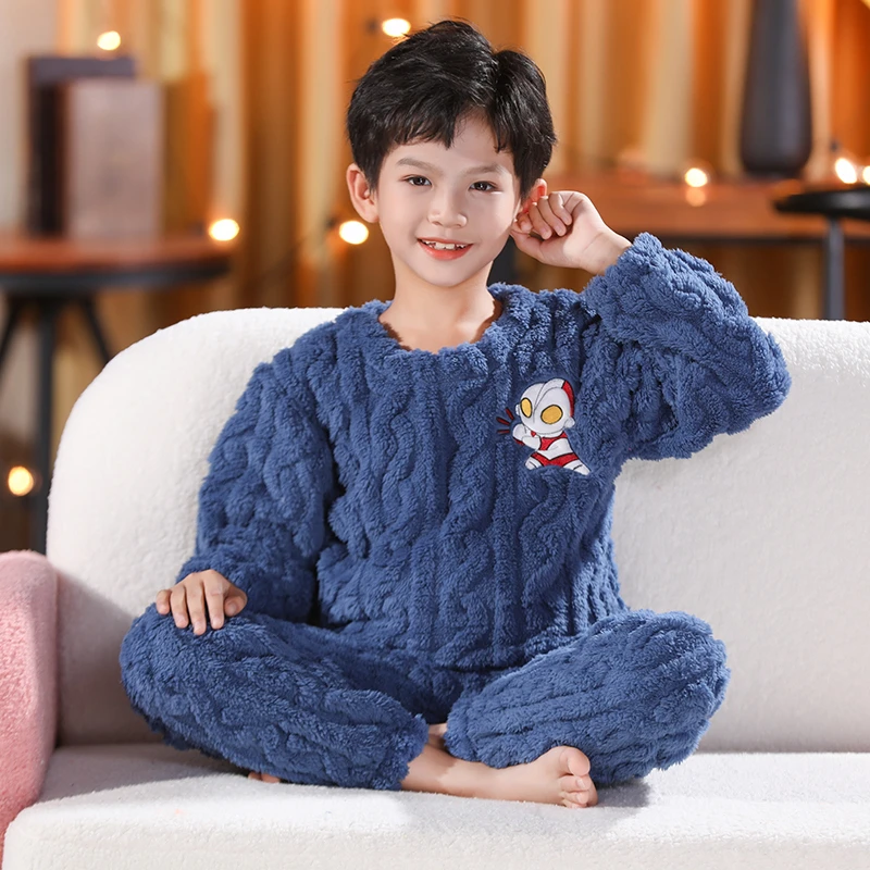 新款儿童睡衣法兰绒长毛加厚女孩男孩珊瑚绒中大童家居服冬天套装