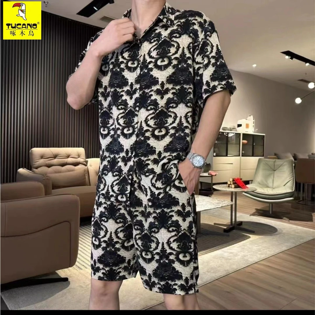 TUCANO/啄木鳥夏季花衬衫时尚五分裤子休闲百搭男士痞帅薄款一套