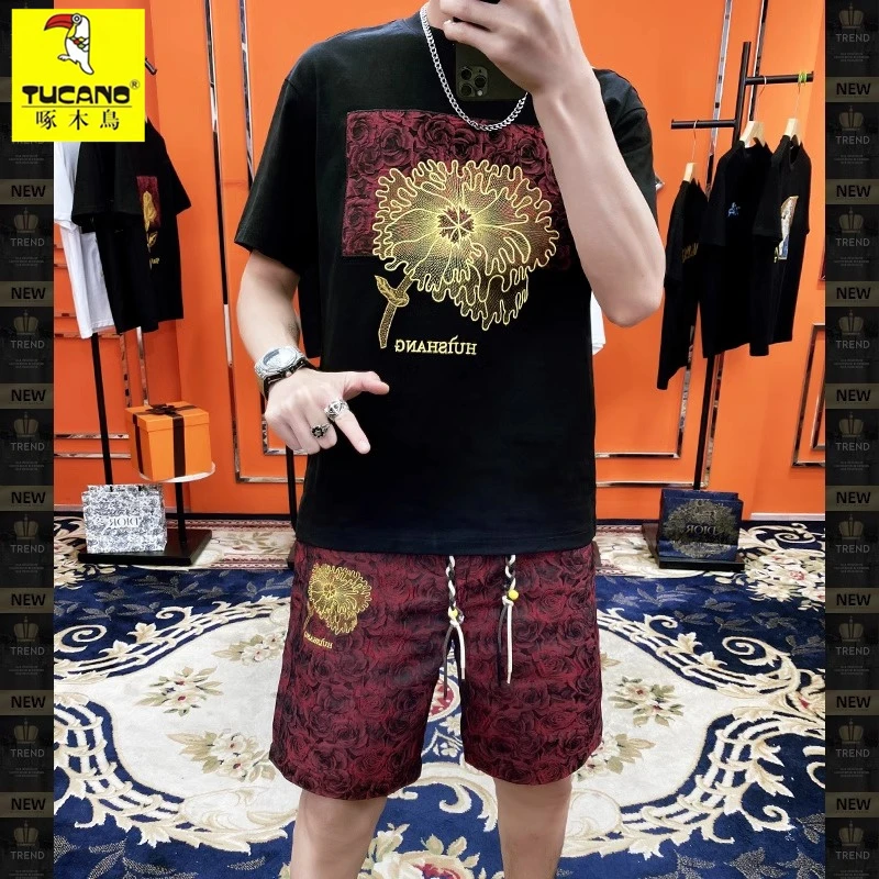 TUCANO/啄木鳥短袖T恤夏季时尚刺绣套装男士潮牌2025新款男装短裤