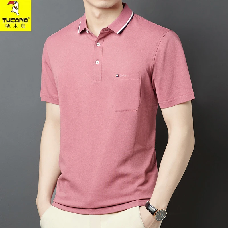 啄木鸟正品冰丝光棉短袖t恤男士粉色夏季有口袋中年polo衫爸爸装