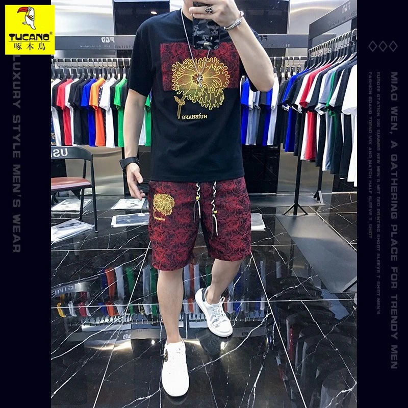 TUCANO/啄木鳥刺绣套装男夏季新款印花潮牌短袖t恤短裤痞帅两件套