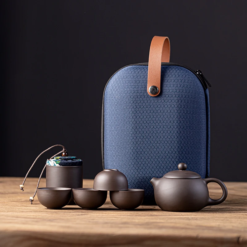 黑泥紫砂西施壶旅行茶具一壶4杯配茶叶罐便捷式户外功夫茶具套装
