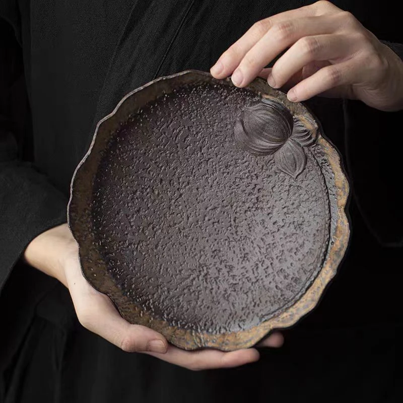 粗陶荷花壶承干泡台家用陶瓷茶壶托盘中式复古茶承底座小茶台壶垫