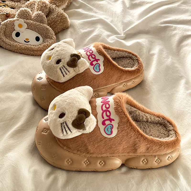 甜美可爱凯蒂猫厚底包头棉鞋女2025年秋冬季踩屎感舒适加绒棉拖鞋