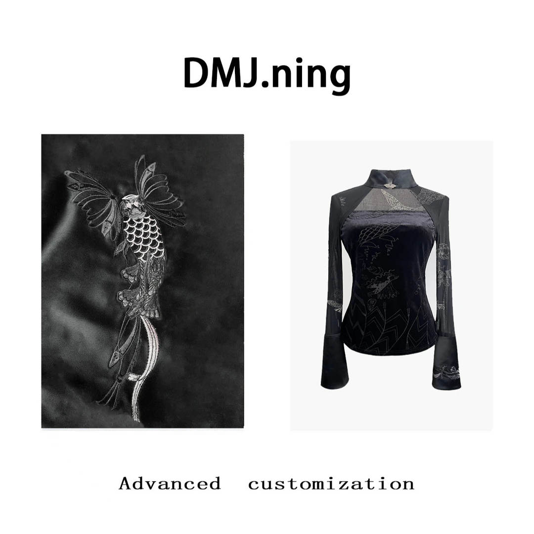 2024春夏丝绒烧花立体植绒镂空网纱拼接重工百搭修身上衣Z007显瘦