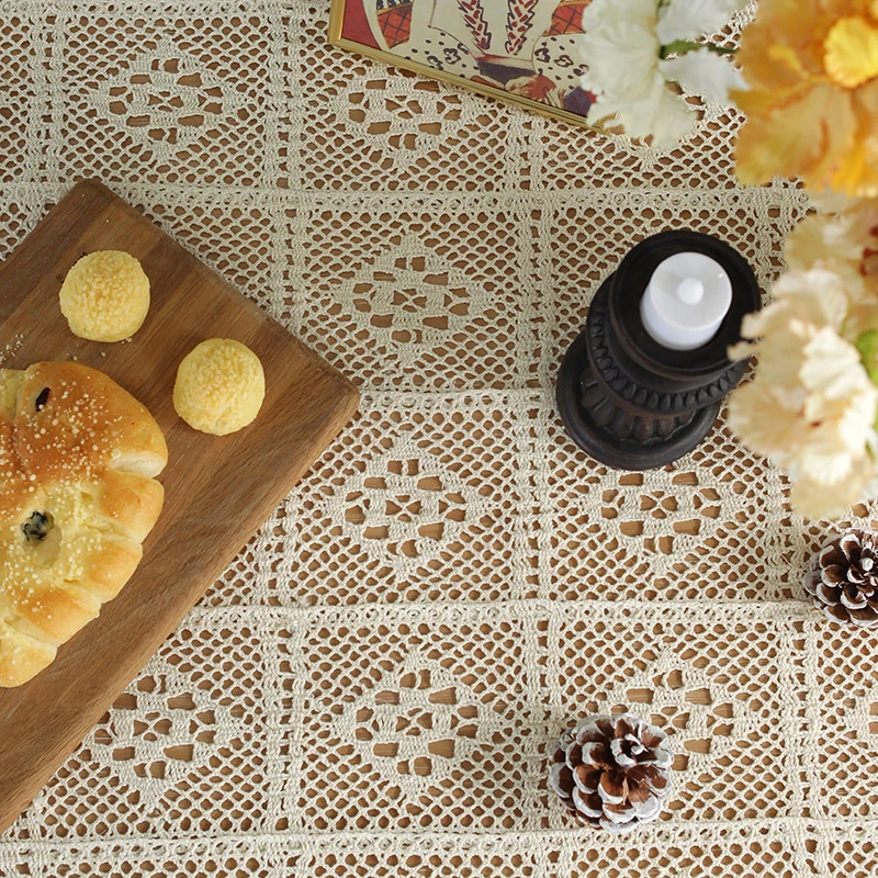 Z002外贸复古手工方块钩针米色镂空桌布茶几布长方形桌布桌垫