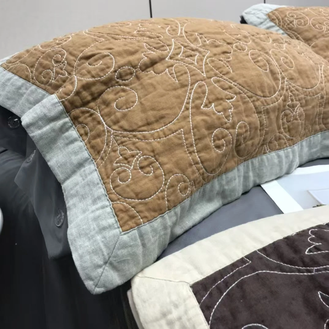 C833外贸尾单【100汉麻】刺绣绗缝夹棉枕巾一对50*75吸湿加厚轻奢垫