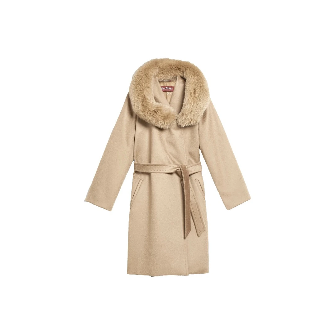 全新未使用 MaxMara Mango 狐狸毛领大衣 卡其色羊毛 TP015856