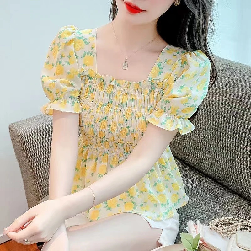 雪纺衬衫女夏季短袖2025新款收腰小衫法式泡泡袖方领碎花上衣女装