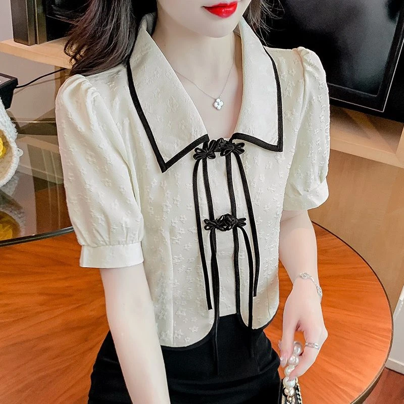 新中式雪纺衬衫女夏季短袖年新款设计感小众法式短款盘扣上衣
