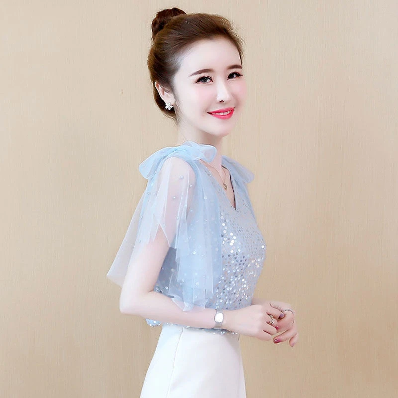 夏季蕾丝上衣超仙雪纺衬衫女夏装2025年新款短袖一字露肩气质小衫