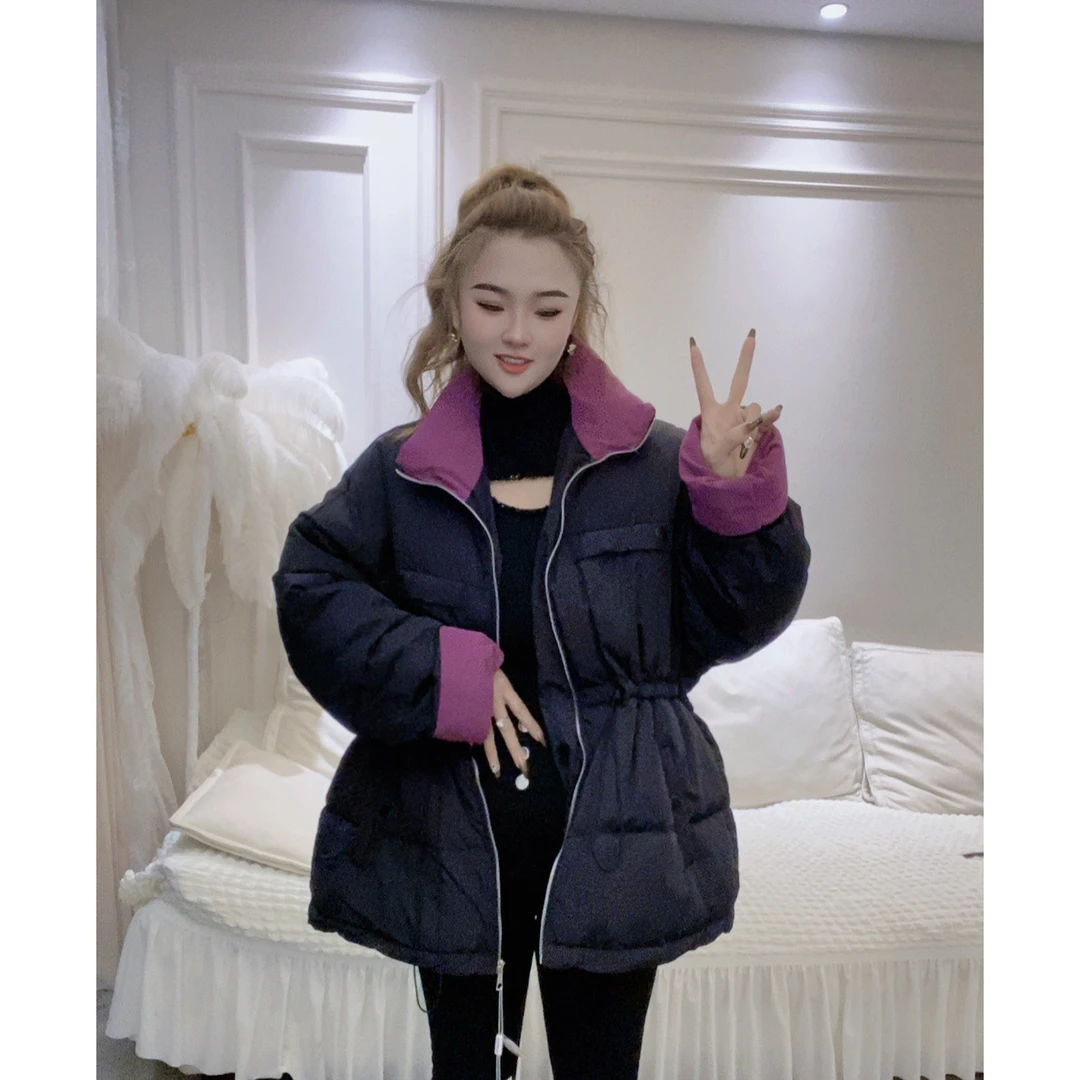 冬季新款休闲宽松撞色抽绳收腰加厚外套