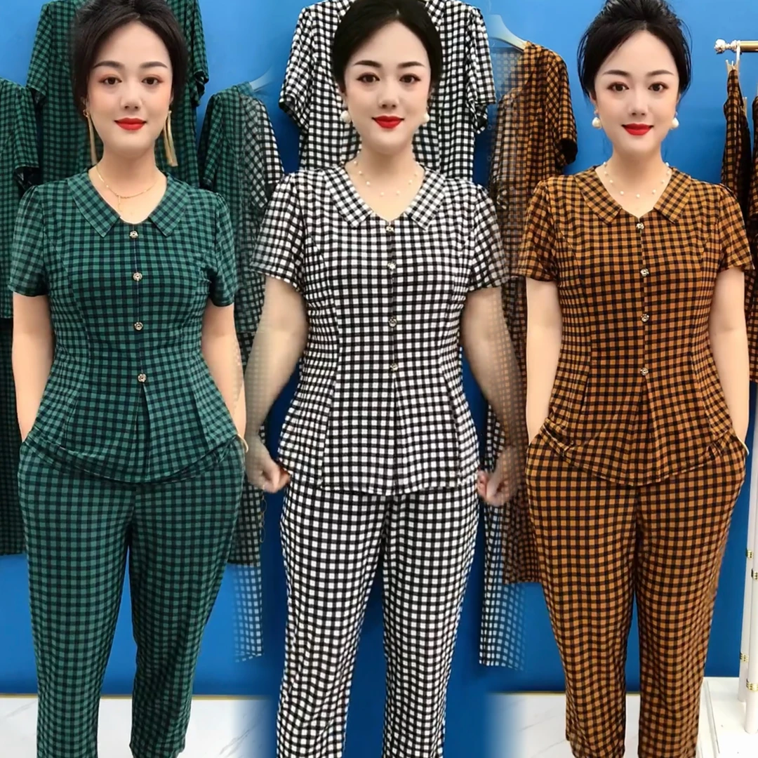 【运费险】夏季显瘦气质妈妈套装时尚格子休闲遮肚透气凉快洋气宽松