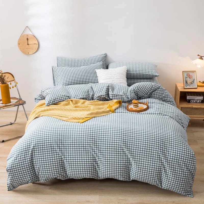 新品全棉四件套纯棉被套简约工艺款被罩印花格子学生宿舍三件套