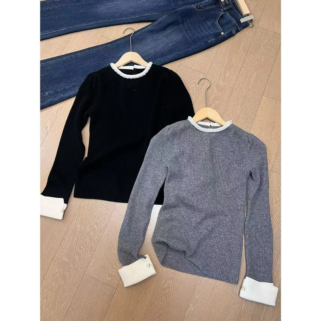 JOJO/玖了个玖 2024秋冬 珠花领边竖坑条显瘦针织上衣 2411B5386