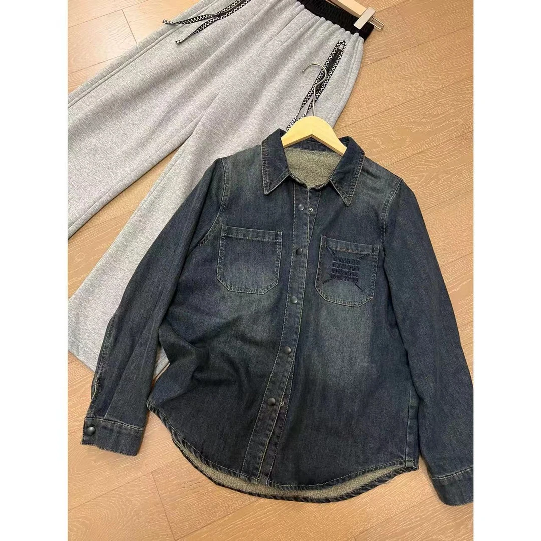 JOJO/玖了个玖 2024秋冬 复古做旧色加绒牛仔衬衫 2410B4608