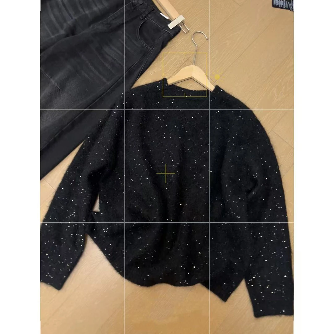 JOJO/玖了个玖 2024秋冬 暗夜星空V领亮片针织长袖毛衣 2412B5897