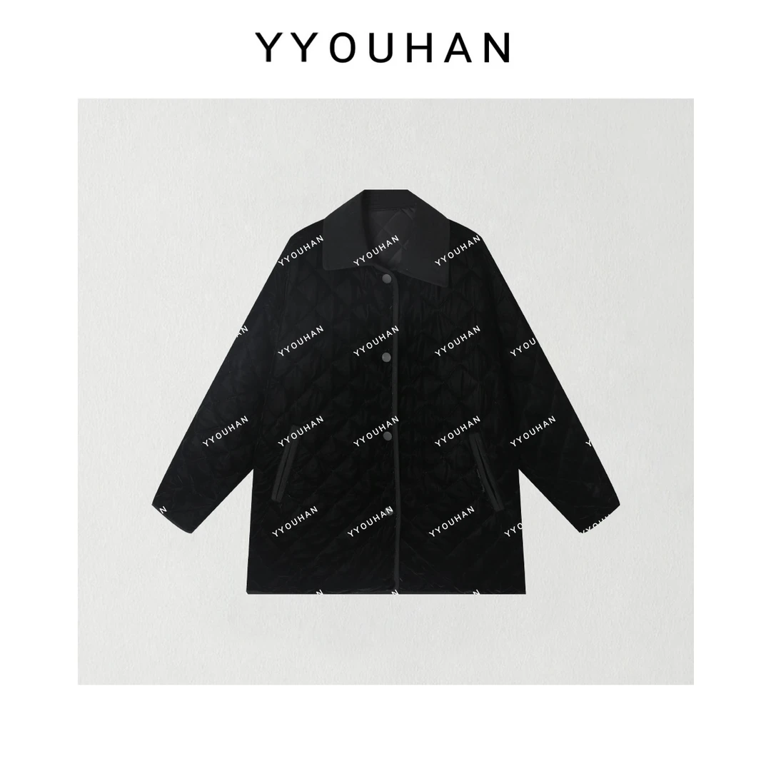 JOJO/玖了个玖【年货定制】小众设计极简菱形格丝绒外套2411B5701