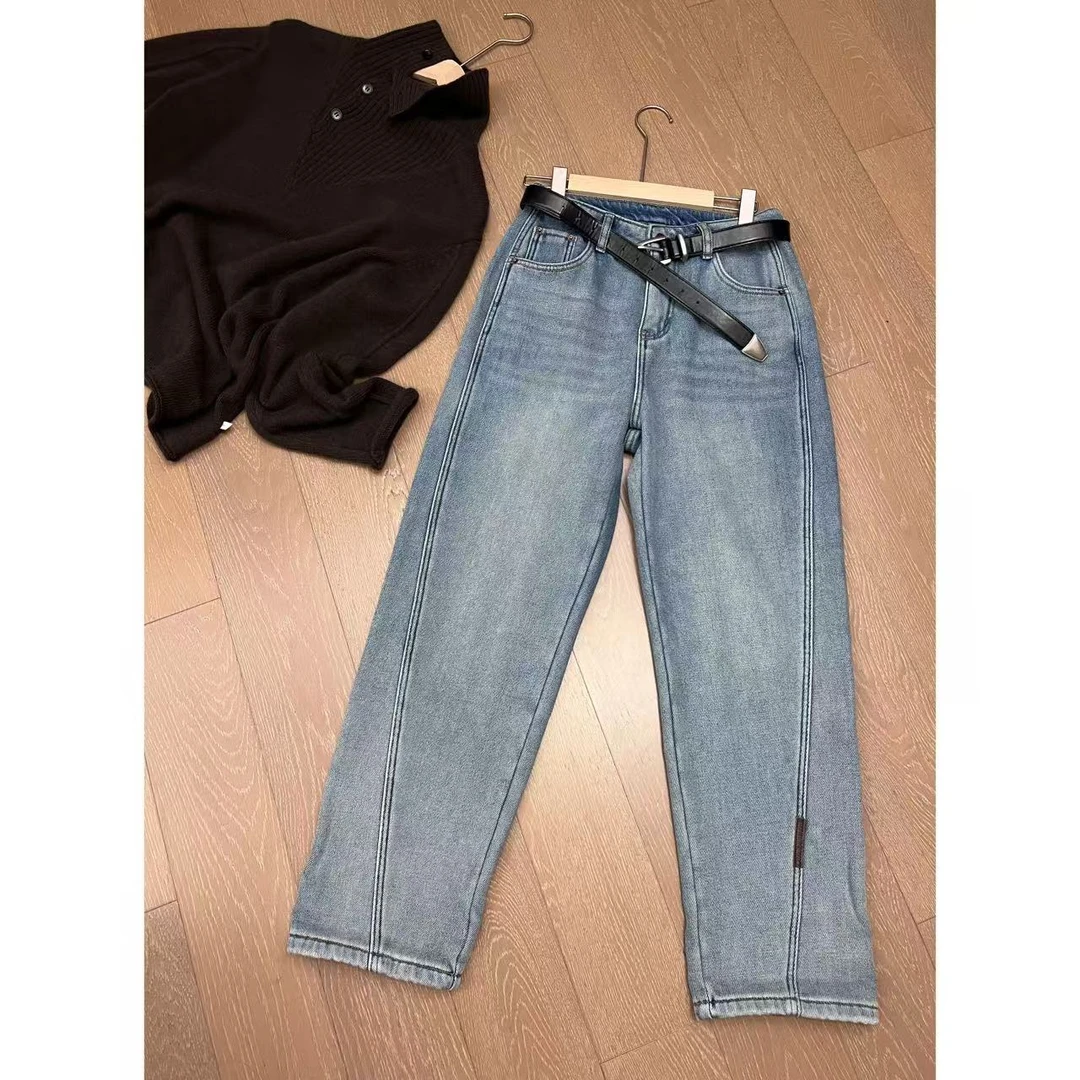 JOJO/玖了个玖 2024秋冬 立体前置裤线窄版加绒牛仔裤 2411B5363