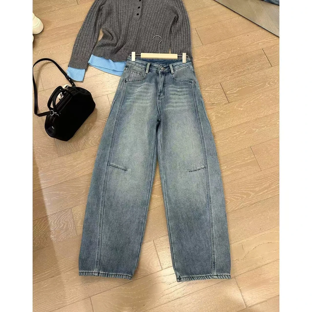 JOJO/玖了个玖【水波纹香蕉牛仔裤】冬季加绒休闲长裤 2411B5331