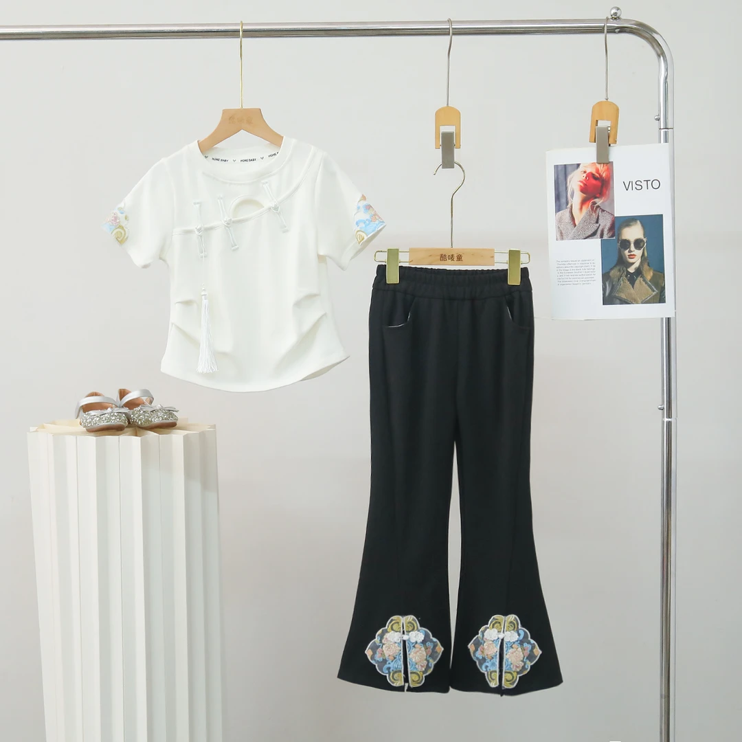 女童国风夏季套装儿童洋气休闲上衣女孩时尚中大童薄款阔腿喇叭裤