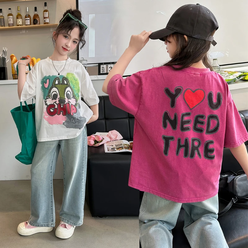 女童夏季洋气T恤儿童韩版时尚女孩中大童休闲宽松印花网红打底衣