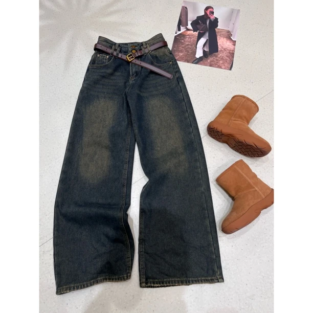 【做旧复古】配高腰腰带2025牛仔裤百搭宽松阔腿裤加绒牛仔长裤裤子
