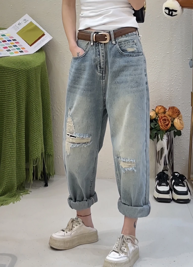 欧货假破洞牛仔裤薄款女哈伦裤春夏新款小个子休闲百搭宽松老爹裤
